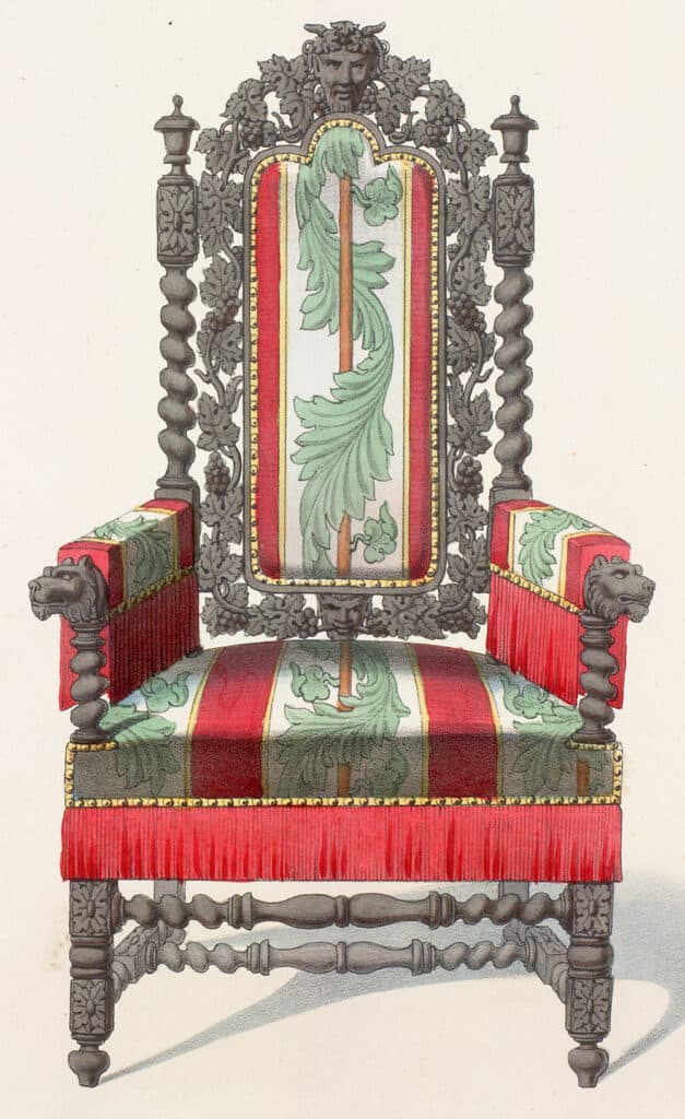 Fauteuil, Époque Louis XIII, menuiserie tournée en tors et balustre, illustration de Désiré Guilmard, Le Garde-meuble, ancien et moderne, 1843.