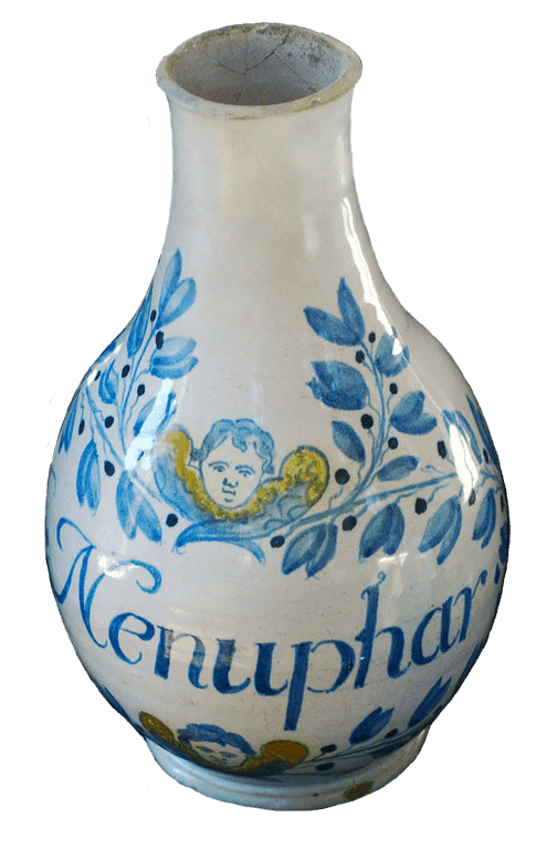 Bouteille de pharmacie Nénuphar en faïence, Edme Poterat, 1647, conservé au Musée de la Céramique de Rouen.