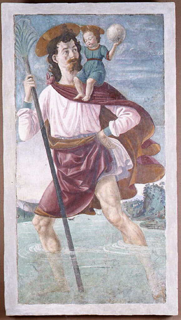 Grande Fresque de Saint-Christophe les pieds dans l'eau transportant l'enfant Jésus sur son épaule et tenant l'orbe. XVe siècle, conservée au Metropolitan Museum of Art.