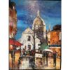 Sacré Coeur, Antonio Palmieri, vue du Sacré Coeur a peine dissimulé par un arbre aux branches fines. La rue est légèrement mouillée par la pluie. Les réverbères éclairent la nuit bleutée.