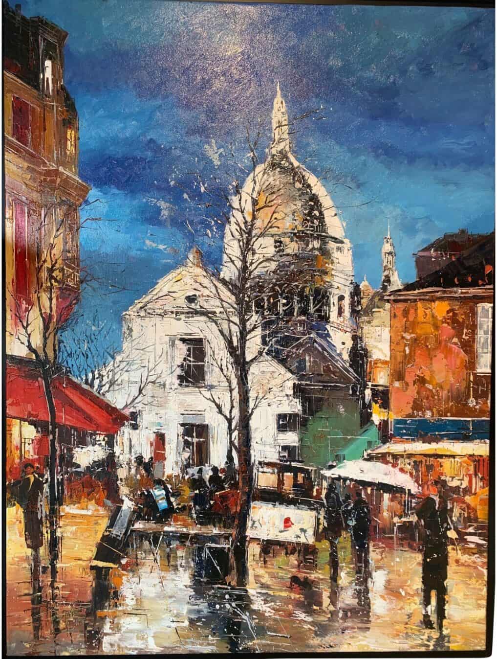 Sacré Coeur, Antonio Palmieri, vue du Sacré Coeur a peine dissimulé par un arbre aux branches fines. La rue est légèrement mouillée par la pluie. Les réverbères éclairent la nuit bleutée.