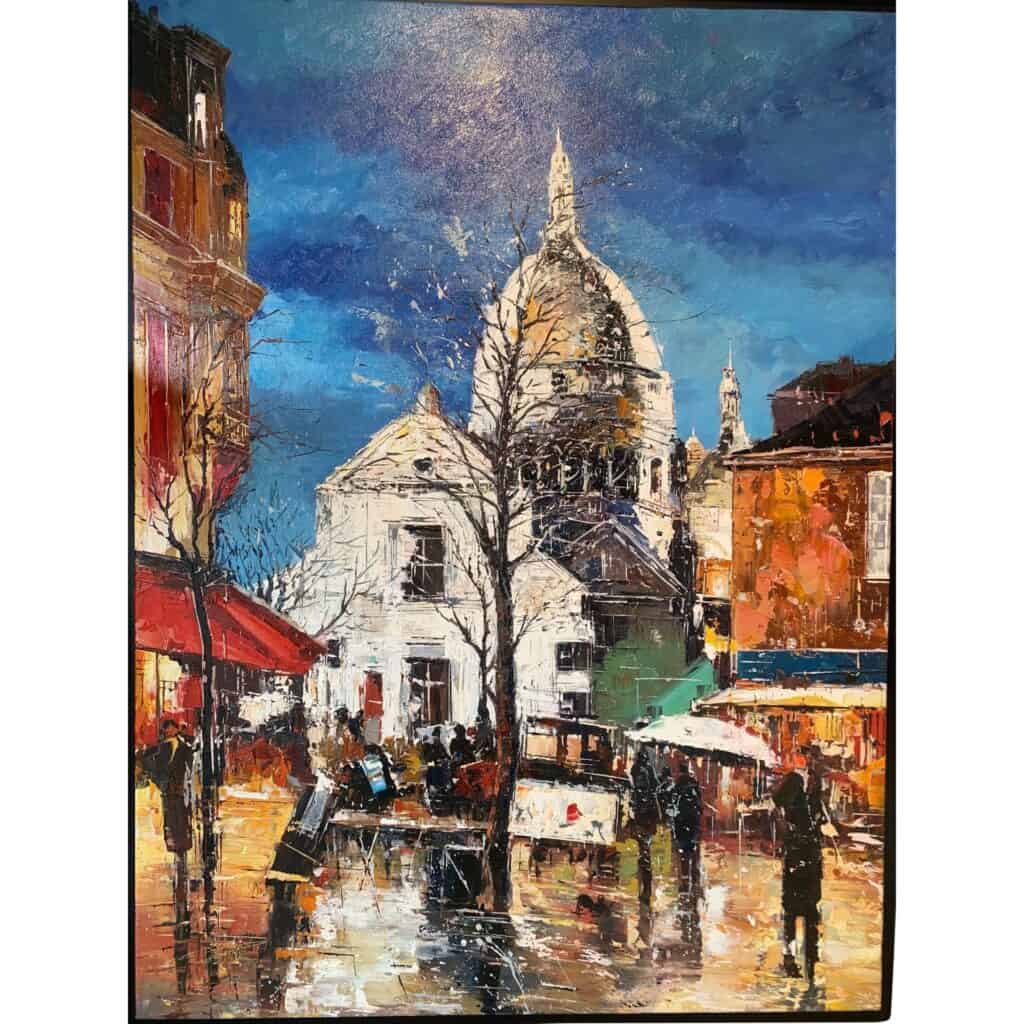 Sacré Cœur, Antonio Palmieri, huile sur toile, 90X120cm. Peinture d'une rue éclairée de Montmartre. Il pleut mais la nuit est claire. Le Sacré Cœur s'élève au centre du tableau derrière un arbre aux branches fines. 