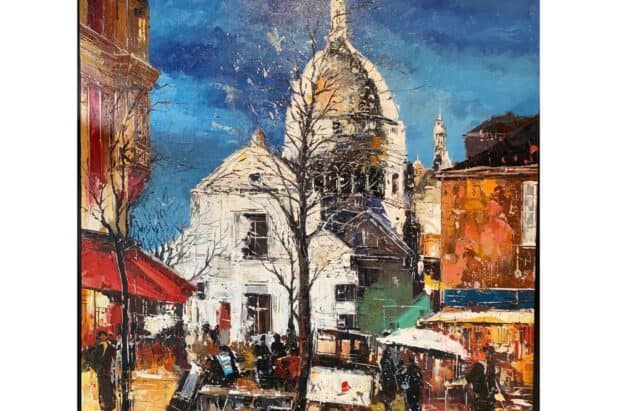 Sacré Coeur, Antonio Palmieri, vue du Sacré Coeur a peine dissimulé par un arbre aux branches fines. La rue est légèrement mouillée par la pluie. Les réverbères éclairent la nuit bleutée.
