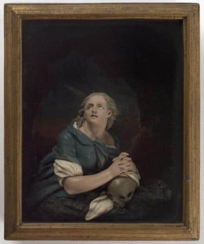 Marie Madeleine est vieille et semble aveugle. Ses bras sont posés sur un crâne. Pourtant, elle regarde vers le ciel et semble plongée dans une transe mystique. Hardy Caspar Bernard, XVIIIe siècle, conservé au Musée Carnavalet.