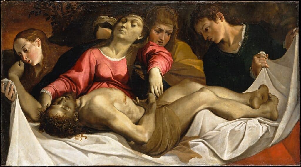 Cette Lamentation peinte en 1582 par Ludovic Carrache représente un Christ mort sur un linceul blanc. Son corps est encore courbé par la douleur et sa position sur la croix, sa mère s'évanouit devant une telle image.