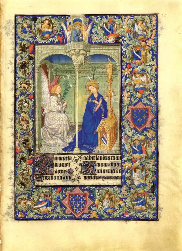 Enluminure tirée du manuscrit des Très Riches heures du Duc de Berry, scène d'Annonciation à la Vierge, XVe siècle.