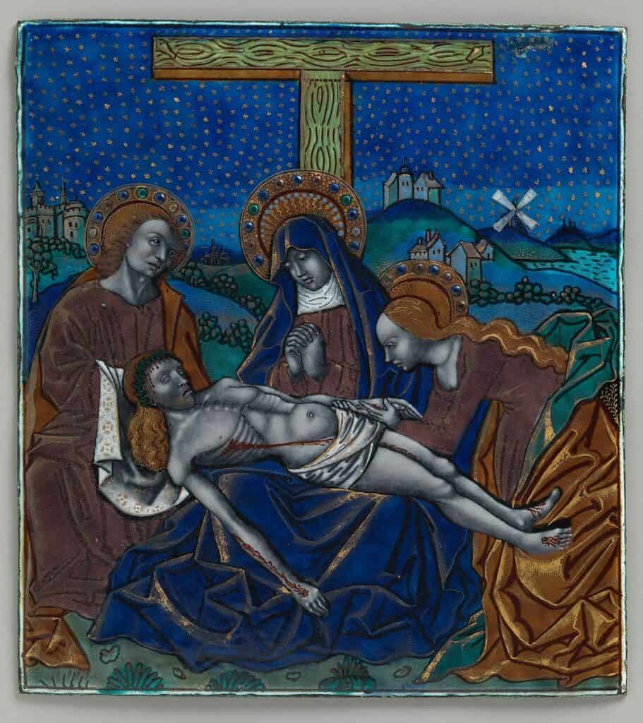 Panneau de tryptique dit Pietà, représentation du Christ mort et ensanglanté sur les genoux de sa mère.