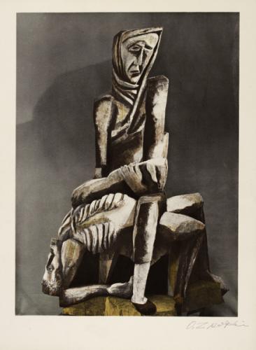 Pietà de Zadkine, 1962 conservée au Musée Zadkine. La Vierge, au visage déformé a le corps cerclé de noir. Le Christ, allongé sur ses genoux disparaît presque comme s'il allait tomber. Son corps douloureux est également cerné de noir.