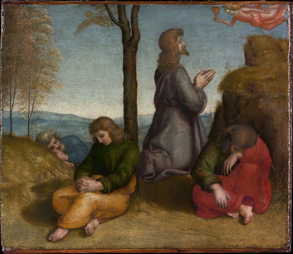 Agonie dans le jardin des oliviers de Raphael, 1504, Metropolitan Museum of Art. Le christ prie près d'un arbre, un ange dans l'angle supérieur droit brandit un calice, les apôtres dorment autour du Christ.