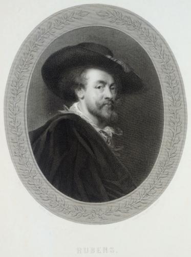 Autoportrait de Rubens, Gravure du XIXe siècle conservée au château de Windsor. Rubens est coiffé d'un grand chapeau noir, sa barbe couvre son long menton qui prend la forme d'un croissant.