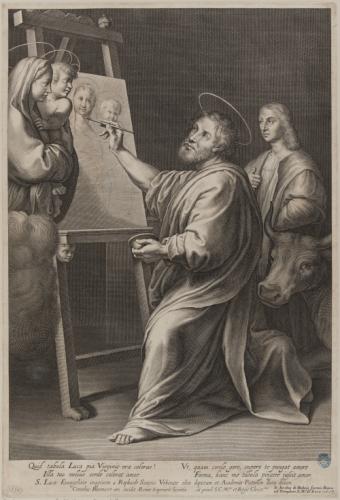 Gravure de Saint Luc en train de peindre la Vierge et l'enfant Jésus. 1603, conservé au Petit Palais.