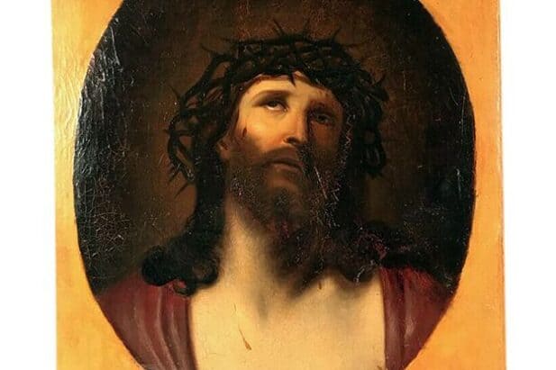 Ecole française du XIXe siècle, portrait du Christ à la couronne d'épines.