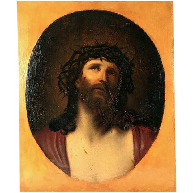 Ecole française du XIXe siècle, portrait du Christ à la couronne d'épines.