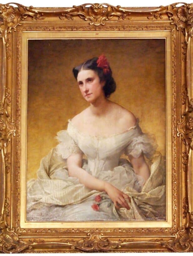 Portrait de femme par Adélaide Salles-Wagner, XIXe siècle, femme représentée dans une robe blanche typique de l'époque Napoléon III.