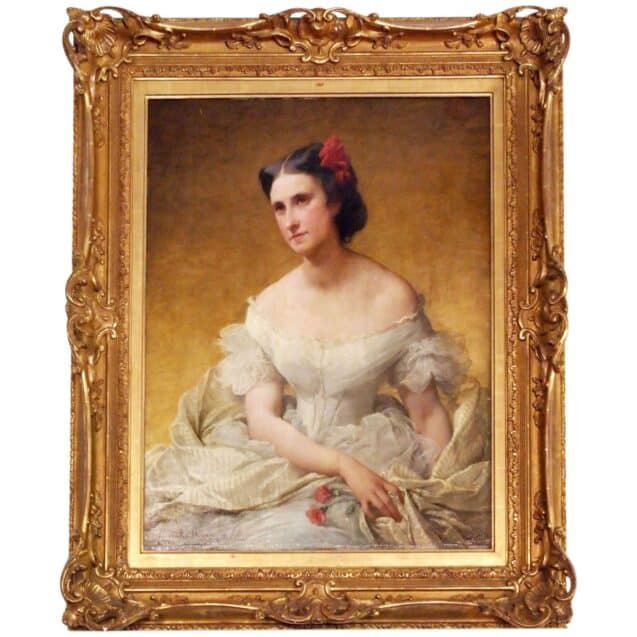 Portrait de femme par Adélaide Salles-Wagner, XIXe siècle, femme représentée dans une robe blanche typique de l'époque Napoléon III.