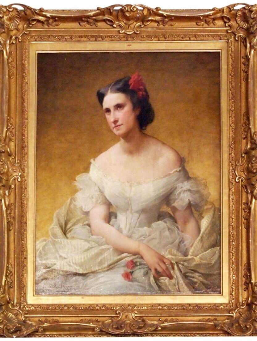Portrait de femme par Adélaide Salles-Wagner, XIXe siècle, femme représentée dans une robe blanche typique de l'époque Napoléon III.