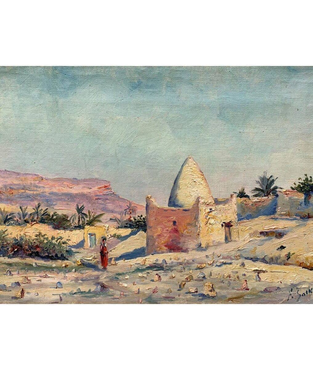 Tombeau d'un Marabout, Fernand Salkin, Coucher de soleil en Algérie, teintes mauves, bleu pâle, jaune clair tirant sur le beige.