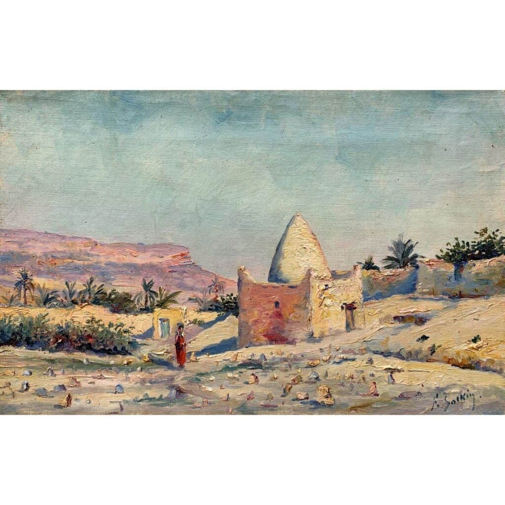 Tombeau d'un Marabout par Fernand Salkin. Huile sur toile. Paysage d'Orient aux teintes lumineuses rosées et bleu pâle. Les touches sont fines presque à la manière des impressionnistes.