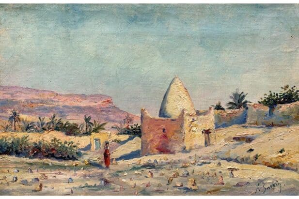 Tombeau d'un Marabout, Fernand Salkin, Coucher de soleil en Algérie, teintes mauves, bleu pâle, jaune clair tirant sur le beige.