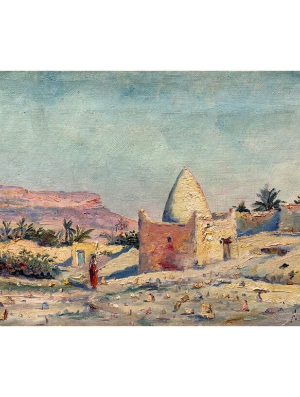 Tombeau d'un Marabout, Fernand Salkin, Coucher de soleil en Algérie, teintes mauves, bleu pâle, jaune clair tirant sur le beige.