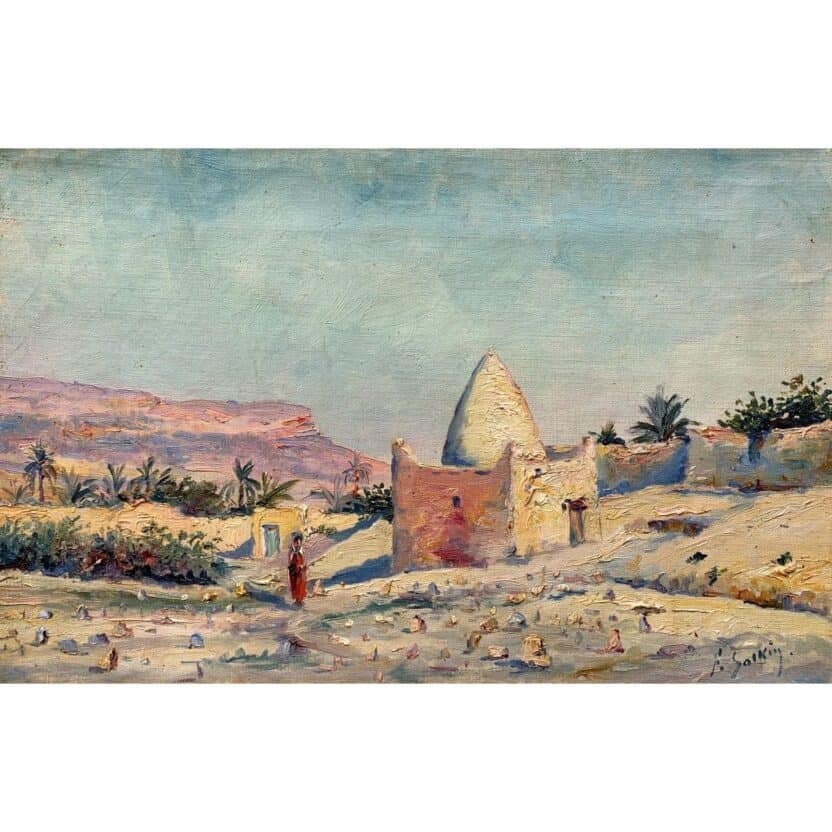 Tombeau d'un Marabout, Fernand Salkin, Coucher de soleil en Algérie, teintes mauves, bleu pâle, jaune clair tirant sur le beige.