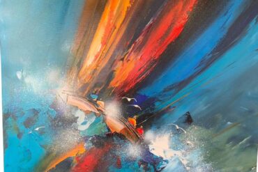 Acrylique sur toile de Christof Monnin, toile abstraite aux tons de bleu turquoise, de rouge, d'orangé et de blanc.
