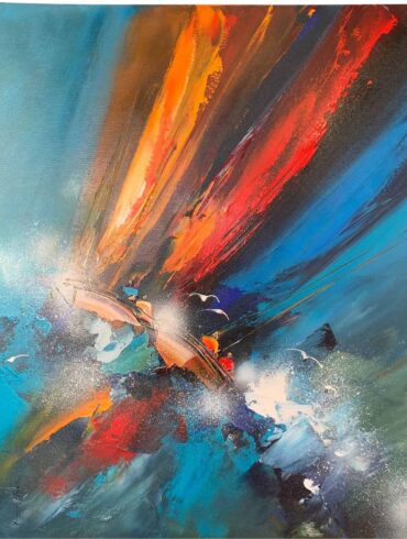 Acrylique sur toile de Christof Monnin, toile abstraite aux tons de bleu turquoise, de rouge, d'orangé et de blanc.