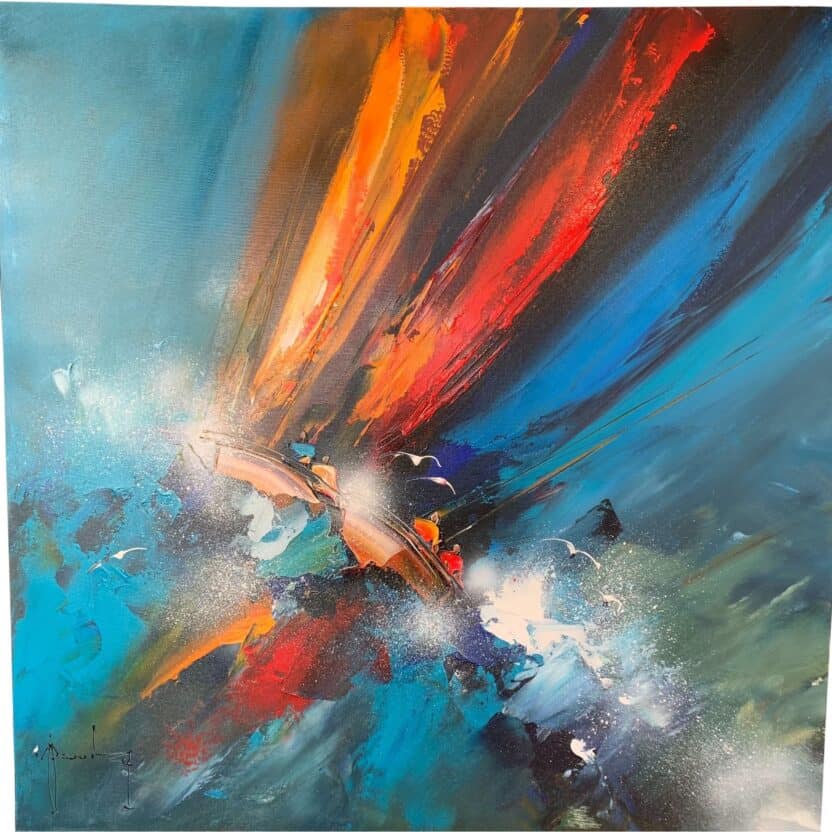 Acrylique sur toile de Christof Monnin, toile abstraite aux tons de bleu turquoise, de rouge, d'orangé et de blanc.