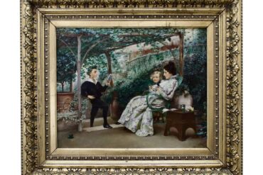 Le récital par Klavdi Petrovitch Stepanov. Un petit garçon en postion de poète inspiré déclame un texte à sa mère et sa soeur. Toute la scène est enrobée de lierre et de plantes grimpantes.