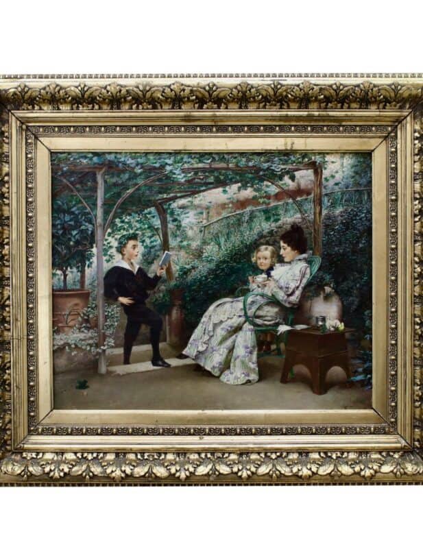 Le récital par Klavdi Petrovitch Stepanov. Un petit garçon en postion de poète inspiré déclame un texte à sa mère et sa soeur. Toute la scène est enrobée de lierre et de plantes grimpantes.