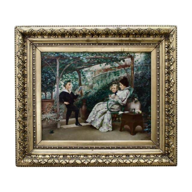 Le récital par Klavdi Petrovitch Stepanov. Un petit garçon en postion de poète inspiré déclame un texte à sa mère et sa soeur. Toute la scène est enrobée de lierre et de plantes grimpantes.
