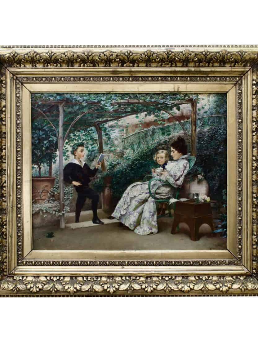 Le récital par Klavdi Petrovitch Stepanov. Un petit garçon en postion de poète inspiré déclame un texte à sa mère et sa soeur. Toute la scène est enrobée de lierre et de plantes grimpantes.