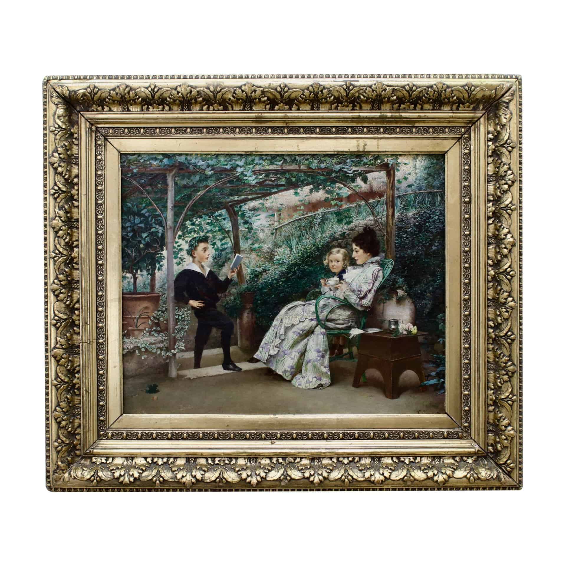 Le récital par Klavdi Petrovitch Stepanov. Un petit garçon en postion de poète inspiré déclame un texte à sa mère et sa soeur. Toute la scène est enrobée de lierre et de plantes grimpantes.