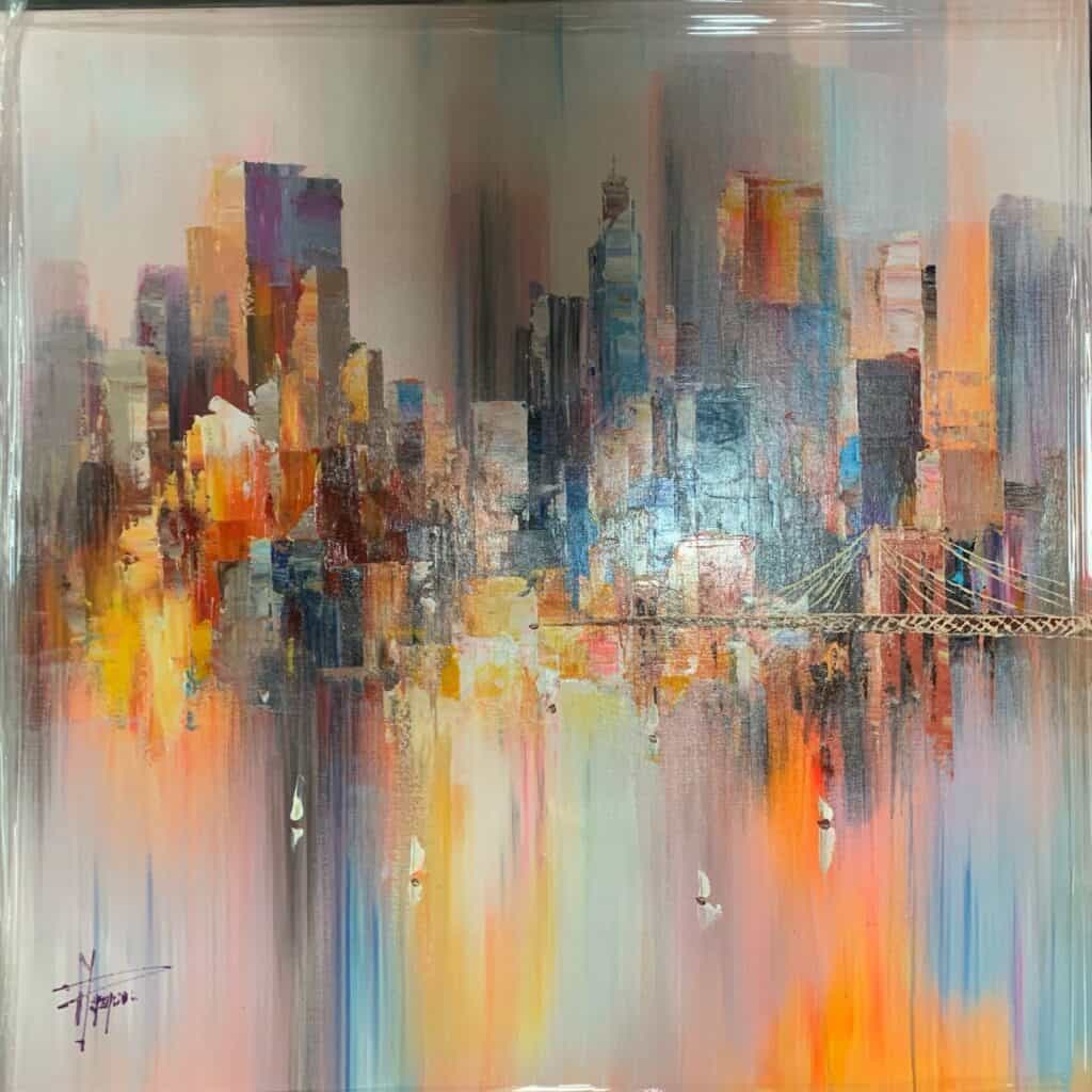 New-York, Antonio Palmieri,100X100cm, huile sur toile.  Vue de New-York. La ville se reflète sur l'eau. Les couleurs sont vives et donnent presque l'illusion d'une ville flottante.