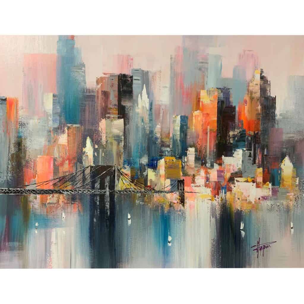 New-York, Antonio Palmieri, huile sur toile, 120X90cm. Vue de New-York dans les tons bleutés profond, rose et orangé.