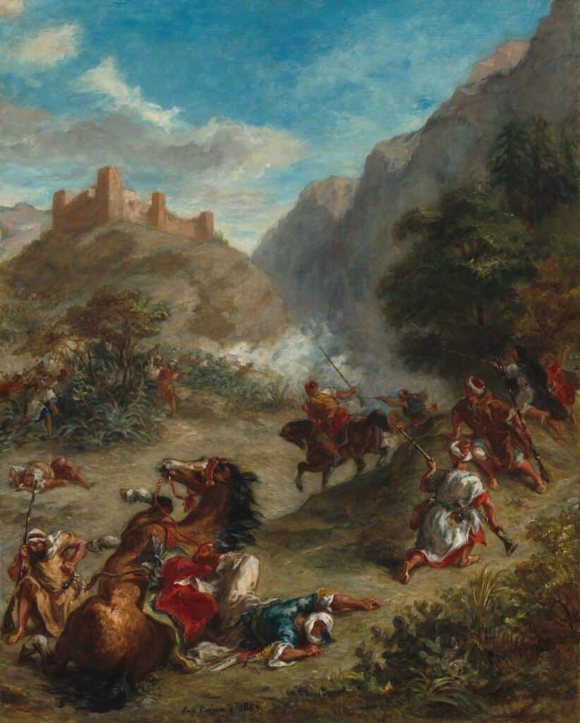 Scène de bataille à cheval dans les montagnes de Delacroix.