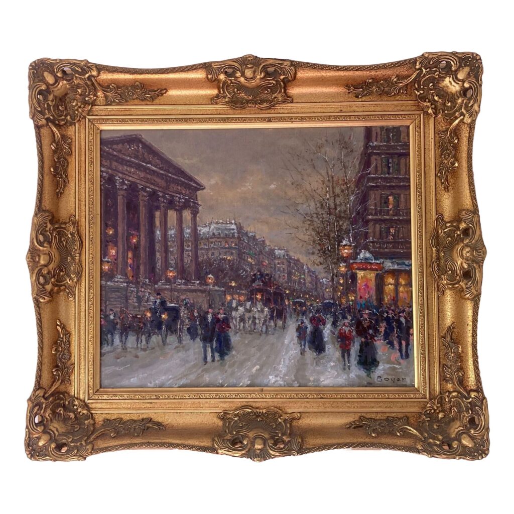 Un Soir à la Madeleine sous la neige d'André Boyer, les lumières des réverbères donnent à l'avenue enneigée un côté chaleureux.