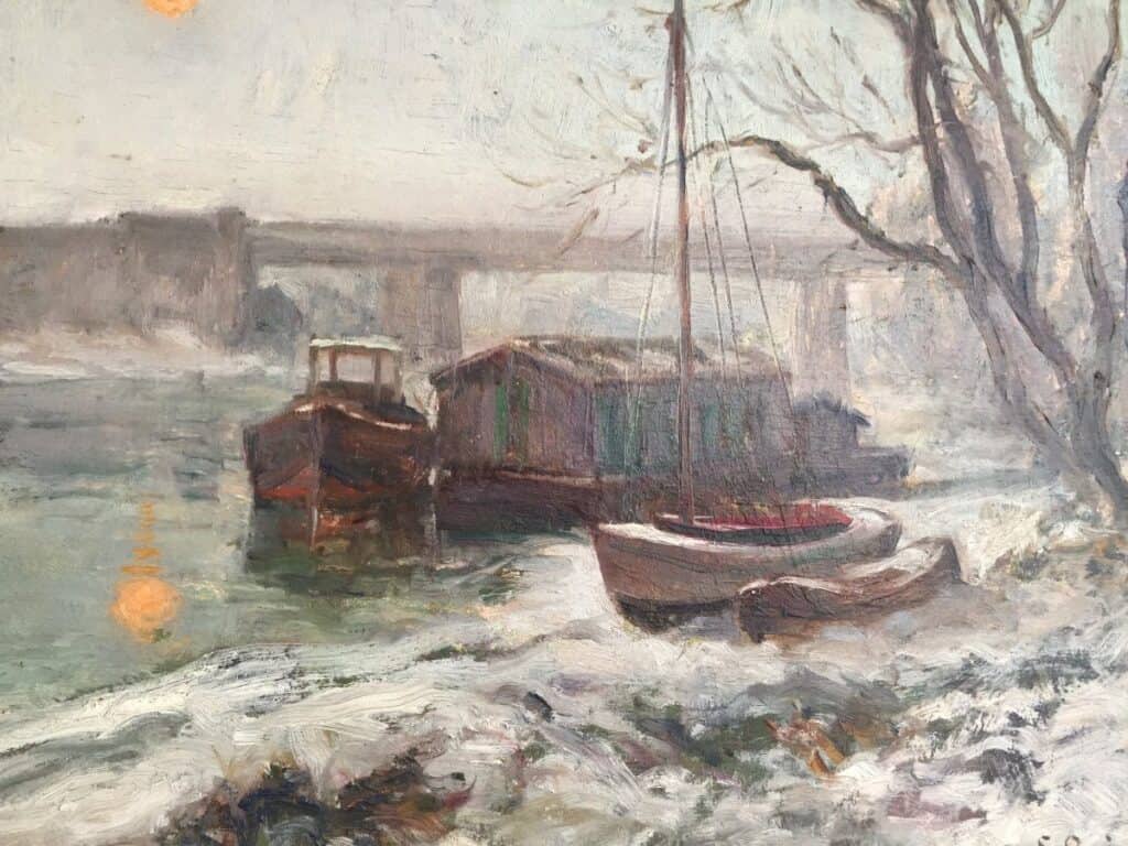 Edmond Quinton, Bords de Marne, le Pont de Créteil sous la neige. Paysage gelé, seul un soleil, boule orangée se réverbère sur l'eau glacée.