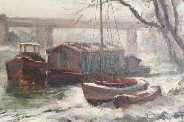 dmond Quinton, Bords de Marne, le Pont de Créteil sous la neige. Paysage gelé, seul un soleil, boule orangée se réverbère sur l'eau glacée.