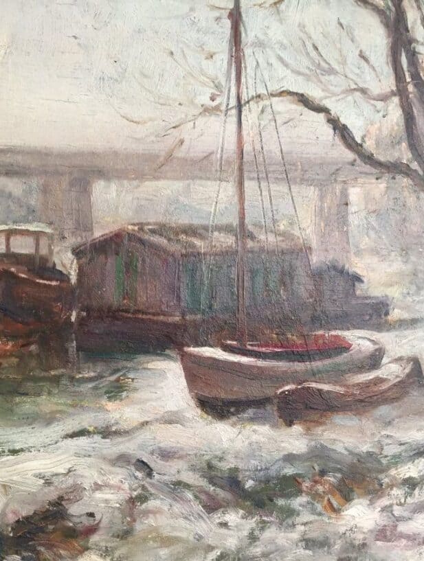 dmond Quinton, Bords de Marne, le Pont de Créteil sous la neige. Paysage gelé, seul un soleil, boule orangée se réverbère sur l'eau glacée.