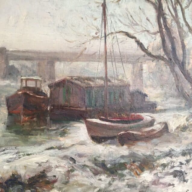 dmond Quinton, Bords de Marne, le Pont de Créteil sous la neige. Paysage gelé, seul un soleil, boule orangée se réverbère sur l'eau glacée.