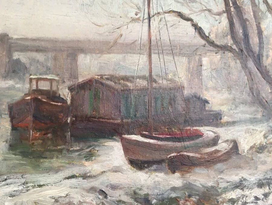 dmond Quinton, Bords de Marne, le Pont de Créteil sous la neige. Paysage gelé, seul un soleil, boule orangée se réverbère sur l'eau glacée.