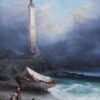 Le phare de Gênes, une famille en exil se repose près du phare. Le ciel orageux laisse percevoir une éclaircie, symbole d espoir.