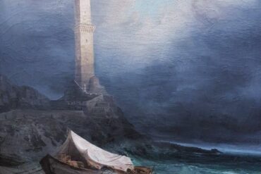 Le phare de Gênes, une famille en exil se repose près du phare. Le ciel orageux laisse percevoir une éclaircie, symbole d espoir.