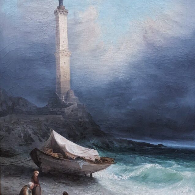 Le phare de Gênes, une famille en exil se repose près du phare. Le ciel orageux laisse percevoir une éclaircie, symbole d espoir.