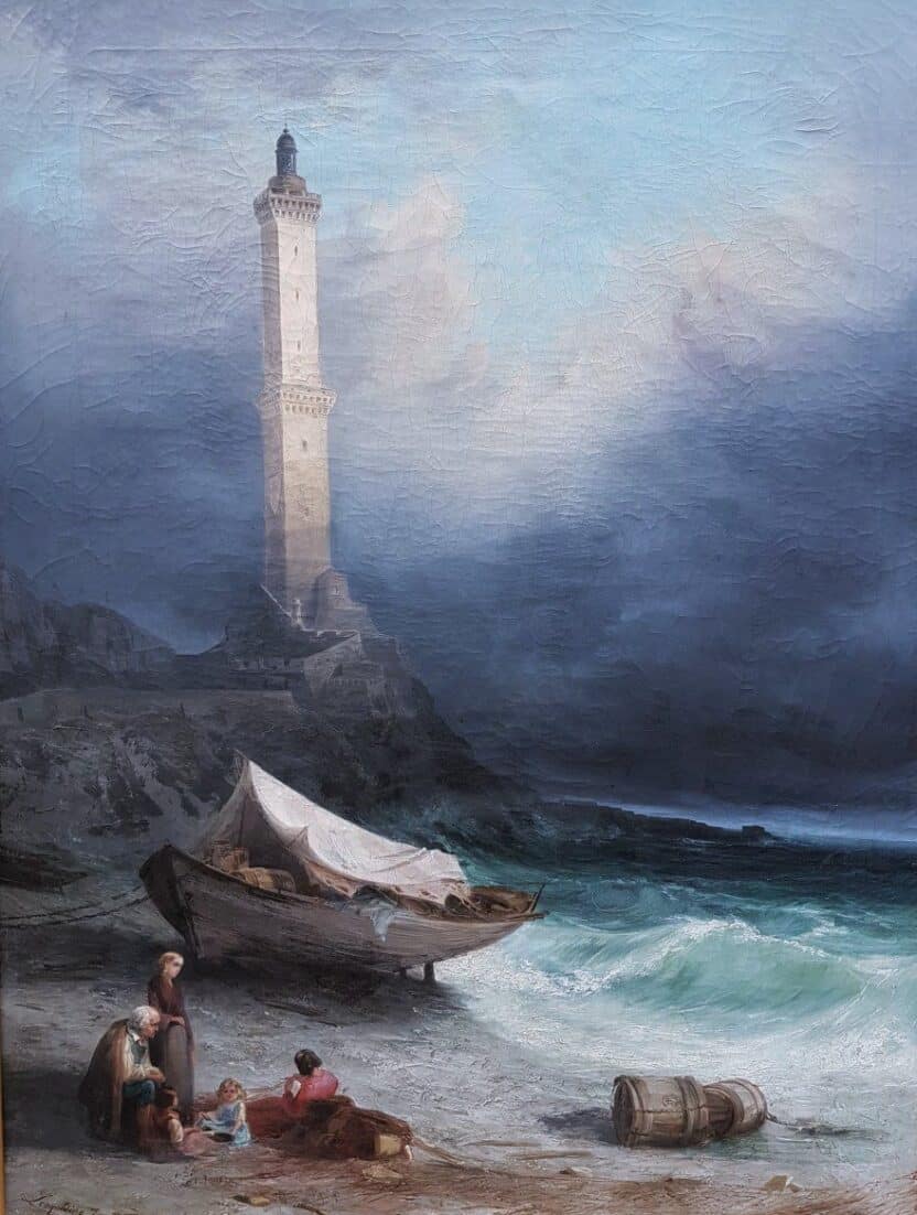 Le phare de Gênes, une famille en exil se repose près du phare. Le ciel orageux laisse percevoir une éclaircie, symbole d espoir.