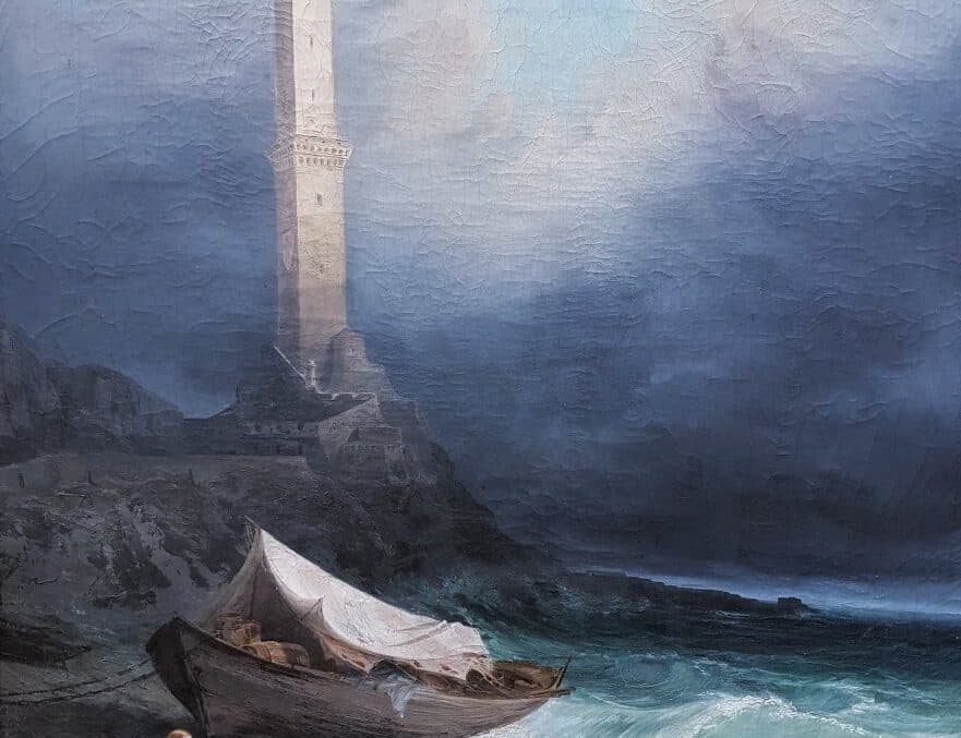 Le phare de Gênes, une famille en exil se repose près du phare. Le ciel orageux laisse percevoir une éclaircie, symbole d espoir.