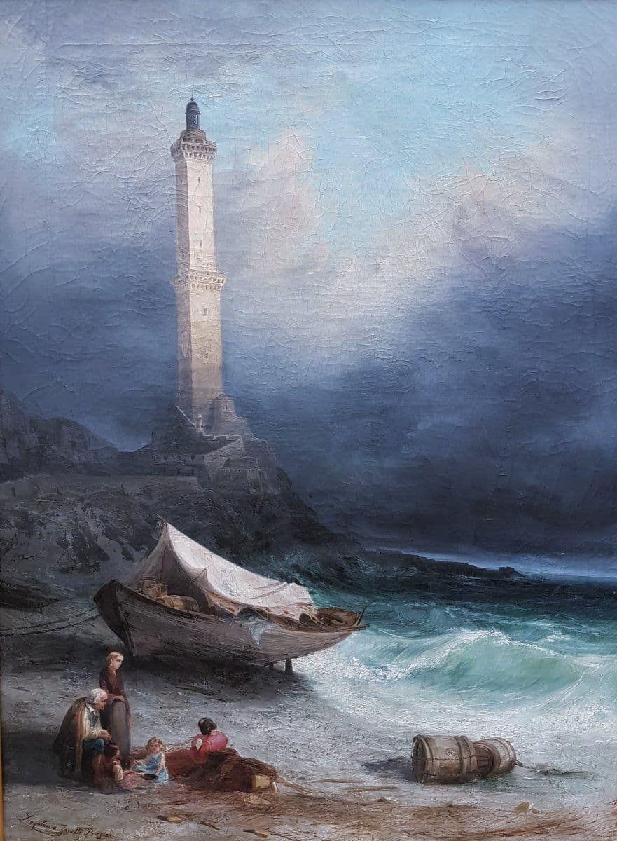 Le phare de Gênes, une famille en exil se repose près du phare. Le ciel orageux laisse percevoir une éclaircie, symbole d espoir.