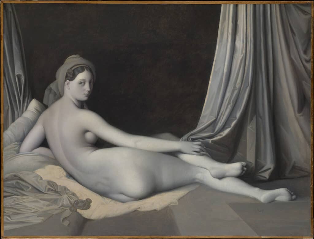 Odalisque d'Ingres, nue avec un turban sur un lit, son corps est allongé, typique d'Ingres.