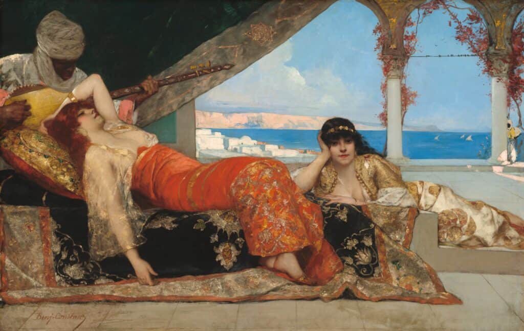 La favorite de l'Emir de Constant représente une femme d'Alger à demi couchée sur un divan oriental. Sa pose est très sensuelle